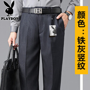 花花公子雙褶寬松羊毛料西褲男高腰深襠秋冬厚款雙褶加肥中老年爸爸男褲子 鐵灰豎條 雙褶厚LZ 42 3尺1