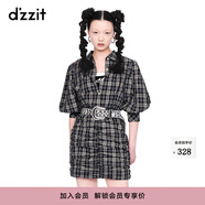 DZZIT地素 春季甜酷少女燈籠袖別致格紋下擺抽褶連衣裙女 黑色 XS