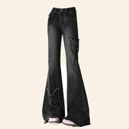 MOSTSPOT夏季甜酷套裝女韓系百搭短袖T恤+復古微喇蝴蝶牛仔褲兩件套 蝴蝶牛仔褲(松緊腰) S