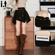:CHOCOOLATE  it女裝裙子2025秋冬流行咖色麂皮絨半身短裙女高腰不規則a字裙 黑色 S