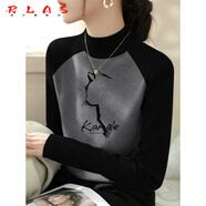 RLAS半高領(lǐng)撞色純棉打底衫女裝百搭大碼遮肉2025秋冬磨毛長(cháng)袖內搭T恤 黑拼灰(黑-半邊小貓)【磨毛款】 M 90-110斤