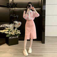 BVX休閑套裝女秋裝2025新款高級感碎花七分袖雪紡衫半身裙時(shí)尚兩件套 圖色 S