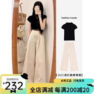 丹珠娜（DanZhuNa）丹珠娜DanZhuNa休閑褲女裝夏季新款2025年小個(gè)子鹽系穿搭運(yùn)動(dòng)闊腿 黑色+杏色褲子(有腰帶) S 均碼