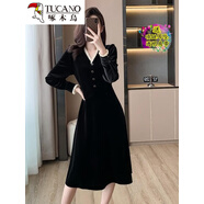 啄木鳥(niǎo)2025秋冬韓版名媛氣質(zhì)絲絨V領(lǐng)長(cháng)袖連衣裙黑色小禮服女打底裙長(cháng)裙 黑色原版 S