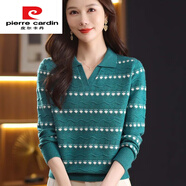 皮爾卡丹（pierre cardin）新款針織polo領(lǐng)毛衣女波點鏤空條紋針織打底衫溫柔風(fēng)百搭顯瘦上衣 藍(lán)色 M 建議90-105斤