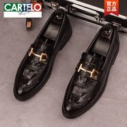 卡帝樂(lè )鱷魚(yú)（CARTELO）馬銜扣皮鞋男尖頭韓版潮流內增高一腳蹬男鞋發(fā)型師個(gè)性鱷魚(yú)紋潮鞋 黑色鱷魚(yú)紋內增高 37