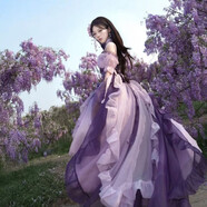 漸變紫前短后長(zhǎng)lolita連衣裙洋裝花嫁洛麗塔禮服長(zhǎng)裙蓬蓬公主裙 漸變紫裙+大拖尾+四層軟紗裙撐 S
