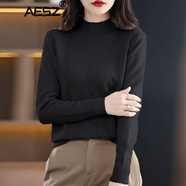 AESZ羊絨衫女100%山羊絨新款寬松絞花上衣加厚毛衣半高領(lǐng)針織打底衫 黑色 XL 【120-130斤】