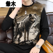 軬木宸鑠男裝中青年春秋長袖體恤男士圓領(lǐng)衛(wèi)衣老虎休閑打底衫寬松.T恤 黑色52082(戰(zhàn)狼) M (建議95-115斤)