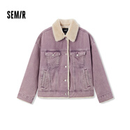 森馬（Semir）牛仔外套女拼接仿兔毛翻領(lǐng)寬松港風冬季落肩夾棉夾克103724108001
