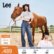 Lee【張凌赫代言】中藍色水洗428懶懶褲高腰女顯瘦寬腿牛仔褲潮流 中藍色1 24