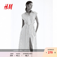 H&M女裝包袖連衣裙2025年夏季新款亞麻混紡襯衫式連身裙1293989 白色/條紋 S 160/88