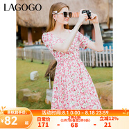 lagogo全棉印花連衣裙女拉谷谷春夏新款方領(lǐng)泡泡袖甜美收腰A字裙 混色（Y0） S 155/36