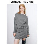 UR2025秋季新款女裝潮流單側露肩斜肩領(lǐng)褶皺連衣裙UWJ750092