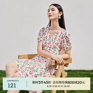 迪賽尼斯（DESIGNICE）雪紡碎花裙夏季新款櫻桃印花收腰顯瘦短袖連衣裙女 花色 S