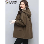 啄木鳥(niǎo)（TUCANO）棉衣女2025年冬季新款加絨加厚寬松中長(zhǎng)工裝時(shí)尚派克棉服外 保暖咖啡色連帽休閑加絨加 M