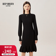 深呼吸DEEP BREATH女裝高腰燈籠袖羊毛針織魚尾小黑裙連衣裙A500219 黑 M (3碼)