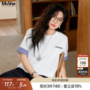 MsShe【涼感索羅娜棉拼接格紋刺繡短袖T恤】顯瘦大碼女裝2025夏裝胖mm 短袖-純白色現貨 4XL