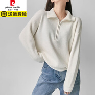 皮爾卡丹（pierre cardin）韓國chic秋冬法式小眾慵懶風(fēng)套頭毛衣女拉鏈半開領(lǐng)長袖針織衫上衣 米白色 均碼