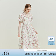 范思藍恩夏季法式浪漫木耳邊碎花連衣裙U型領(lǐng)泡泡袖高腰裙子新款收腰長裙 白底紅花 S
