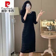 皮爾卡丹（pierre cardin）蕾絲連衣裙女早秋季2025新款輕奢感高端精致氣質(zhì)修身打底裙子 黑色 M 【建議95-105斤】