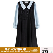 獨(dú)束大碼女裝假兩件撞色襯衫領(lǐng)連衣裙女秋冬微胖mm文藝復(fù)古穿搭裙子 墨染黑【適合160左右】 L