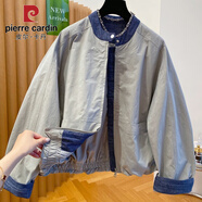 皮爾卡丹（pierre cardin）秋季2025新款感牛仔拼接棒球服女胖m妹大碼寬松立領(lǐng)夾克外套潮 灰色 XL 【建議120-135斤】