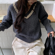 LISCN韓系蕾絲拼接V領(lǐng)灰色麻花毛衣女2025秋冬新款寬松減齡套頭針織衫 深灰色 均碼