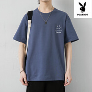 花花公子（PLAYBOY）T恤男純棉寬松大碼寬松笑臉全棉休閑體恤剪標(biāo)打底衫 3066灰藍(lán) M