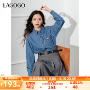 lagogo小馬刺繡牛仔襯衫女拉谷谷春秋新款元氣疊穿外套顯瘦上衣 深牛仔藍(lán)(N2) M