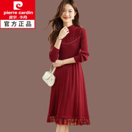 皮爾卡丹（pierre cardin）2025秋冬新款內(nèi)搭羊毛針織連衣裙女中長款打底衫蕾絲毛衣裙女裝新 酒紅色 M