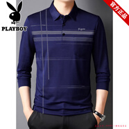 花花公子純色棉長(cháng)袖t恤男春秋衛衣男中年爸爸裝上衣翻領(lǐng)老人爺爺polo衫男 303藏青1件裝 M 建議90-110斤