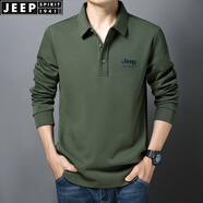 JEEP SPIRIT吉普休閑商務(wù)長袖t恤男寬松大碼秋季棉質(zhì)彈力翻領(lǐng)純色體恤衫開衩 軍綠色 厚款 5XL /116A建議220-230斤
