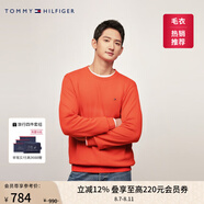 TOMMY HILFIGER【柔軟純棉】25秋冬男撞色條紋學(xué)院風(fēng)針織衫/情侶款純色毛衣 【簡(jiǎn)約合身毛衣】紅橙色792 M （推薦：135-150斤）