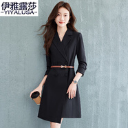 伊雅露莎高端職業(yè)西裝連衣裙長(zhǎng)袖秋季新款商務(wù)中裙休閑面試工作服裙子670 黑色連衣裙+腰帶 S