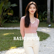 Basic House/百家好黑白撞色針織衫2025秋季修身假兩件V領(lǐng)上衣女 粉色 L
