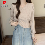 皮爾卡丹（pierre cardin）V領(lǐng)打底衫長(cháng)袖上衣女秋季2025新款高腰高級內搭衛衣T恤搭配工裝褲 燕麥色【優(yōu)質(zhì)版】【特別/超漂亮/ 2XL 【建議135斤-145斤】