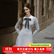 AIVEI欣賀艾薇2024冬季格雷千金風(fēng)蝴蝶結氣質(zhì)針織連衣裙R757003A 灰色 M