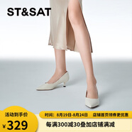 星期六（St&Sat）女鞋石頭紋羊皮革通勤淺口貓跟單鞋 米白色（皮面） 35