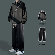 主意范假兩件衛(wèi)衣男春秋季大碼POLO衫內(nèi)搭打底衫潮牌拼接襯衫領長袖外套 WY10109（兩件套）黑色衛(wèi)衣+黑色休閑褲 5XL 205-240斤