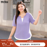 MsShe【長袖假兩件針織衫】大碼女裝2025秋裝胖mmT恤遮肚巨顯瘦毛衣 短袖【V領】風信紫色現(xiàn)貨 2XL
