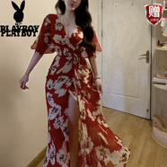 花花公子（PLAYBOY）300斤大碼微胖mm法式風情萬種紅色印花v領(lǐng)開叉度假風連衣長裙 紅碎花 L 建議100-120斤