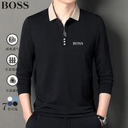 BOSS德國輕奢男士短袖T恤夏季商務(wù)休閑透氣翻領(lǐng)POLO衫男 輕奢888-黑色長(cháng)袖 XL 建議140-155斤