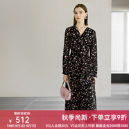 顏域長(zhǎng)袖V領(lǐng)茶歇連衣裙女春裝2024新款輕熟收腰顯瘦氣質(zhì)碎花長(zhǎng)裙 黑花 L/40