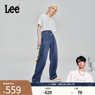 Lee【張凌赫代言】中藍色水洗428懶懶褲高腰女顯瘦寬腿牛仔褲潮流 中藍色2 27