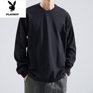 花花公子（PLAYBOY）重磅長袖T恤男純棉春秋款小領口衛(wèi)衣黑色中青年男士內(nèi)搭打底衫 黑色 【260g新疆純棉】 M 體重90-115斤