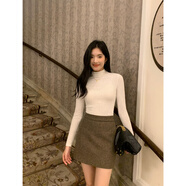 SMVP復古格子毛呢半身裙女高腰顯瘦直筒裙設計感小眾包臀裙子 卡其格 現貨 S