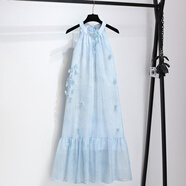 阿瑪施（AMASS）哥弟適用巨好看的藍色立體花朵掛頸洋裝女2025夏季新款子 藍色 現貨24小時(shí)內發(fā) S 85-100斤