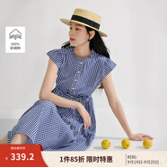 茵曼法式立領(lǐng)格子連衣裙2025夏季女裝新款純棉可調(diào)腰帶大擺長裙 藍白格色 XL