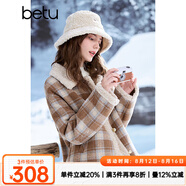 百圖betu女裝冬季新款短外套羊羔絨翻領(lǐng)復(fù)古格紋拼色外套2410T71 咖色格 XS